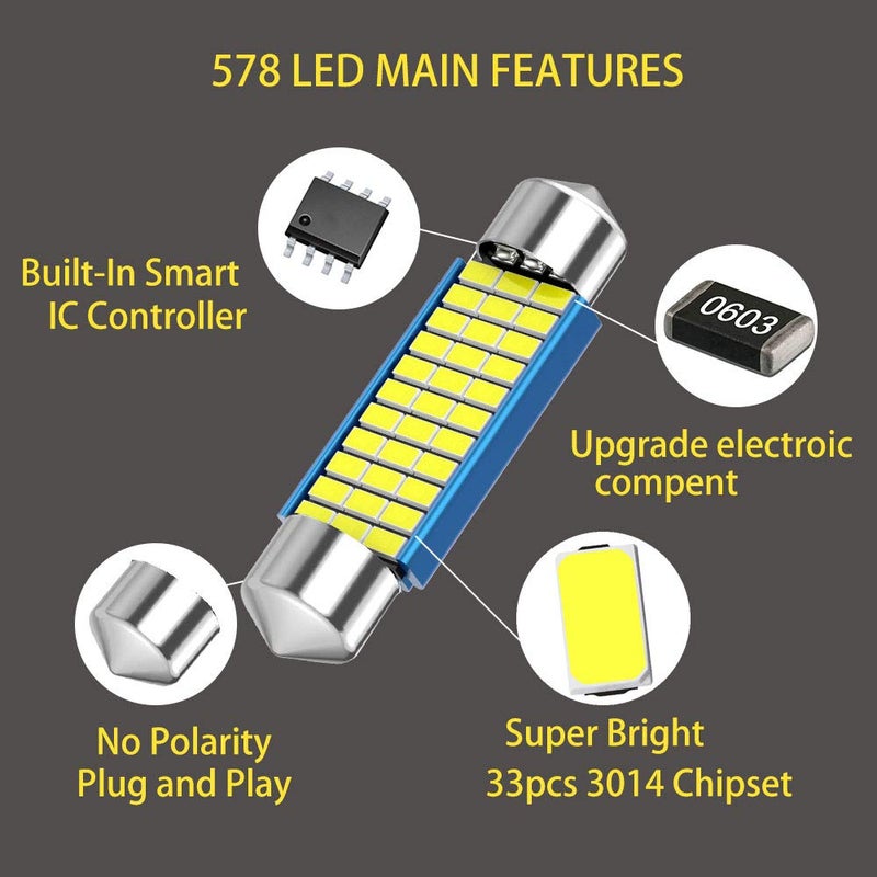 CATO-WDJ 578 Festoon LED Bulb, 42mm 41mm 1.65 Inch Festoon DE3425 DE3423 211-2, 12V 33SMD White Light 42mm bulbs for Car Interior Dome Map Courtesy Trunk Light 212-2 LED Bulbs, 6pcs - Image 4